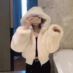 Women's Short Rabbit Fur Jacket Thickened Cotton Coat Hooded Sweatshirt Autumn Winter Fashion Outerwear Standard Fit Zipper C...