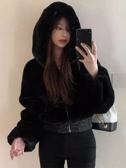 Women's Short Rabbit Fur Jacket Thickened Cotton Coat Hooded Sweatshirt Autumn Winter Fashion Outerwear Standard Fit Zipper C...