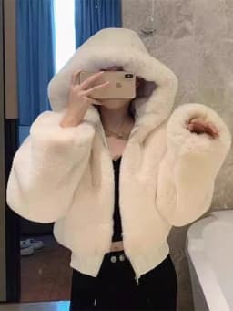 Women's Short Rabbit Fur Jacket Thickened Cotton Coat Hooded Sweatshirt Autumn Winter Fashion Outerwear Standard Fit Zipper C...