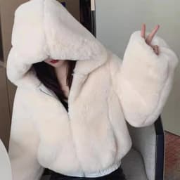 Women's Short Rabbit Fur Jacket Thickened Cotton Coat Hooded Sweatshirt Autumn Winter Fashion Outerwear Standard Fit Zipper C...