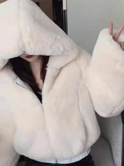Women's Short Rabbit Fur Jacket Thickened Cotton Coat Hooded Sweatshirt Autumn Winter Fashion Outerwear Standard Fit Zipper C...