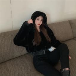 Women's Short Rabbit Fur Jacket Thickened Cotton Coat Hooded Sweatshirt Autumn Winter Fashion Outerwear Standard Fit Zipper C...