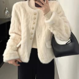 Elegant Short Fur Jacket Women's Winter 2024 New Style DK Melissa Brand Commute Style Loose Fit Button Detail Long Sleeve