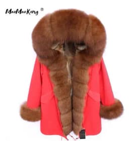 MMK fashion women's parka coat rabbit fur lining big raccoon fur collar winter coat jacket long hooded army green season warm ja
