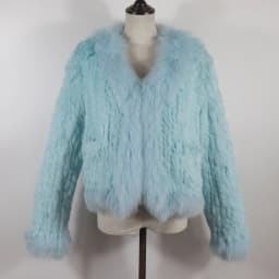 New Women Autumn Winter Knitted Real Rabbit Fur Coat 100% Natural Rabbit Fur Jacket With Fox Fur Collar Overcoat For Female