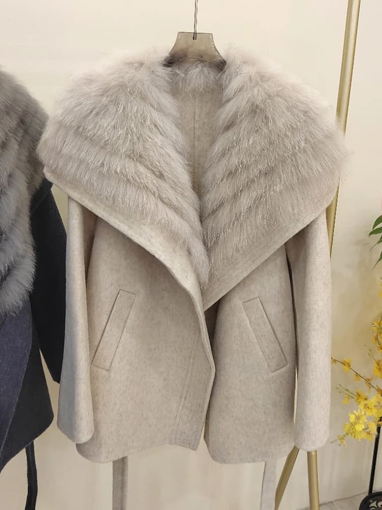 2025 Autumn Winter Real Fox Fur Coat Ladies Outwear Women Female Cashmere Natural Fur Wool Jacket Woolen Luxury Jacket