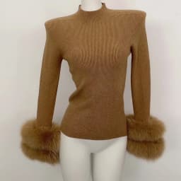 OFTBUY Slim Fit Half Turtleneck Ribbed Knit Sweater for Women Real Fur Cuff Trim Long Sleeve Warm Basic Layering Top New Winter