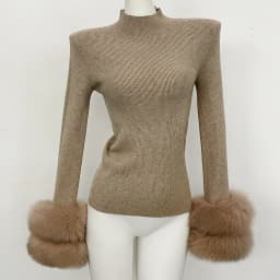 OFTBUY Slim Fit Half Turtleneck Ribbed Knit Sweater for Women Real Fur Cuff Trim Long Sleeve Warm Basic Layering Top New Winter