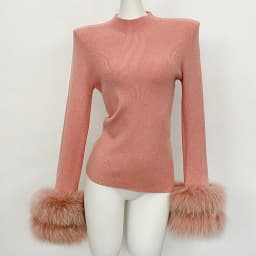 OFTBUY Slim Fit Half Turtleneck Ribbed Knit Sweater for Women Real Fur Cuff Trim Long Sleeve Warm Basic Layering Top New Winter