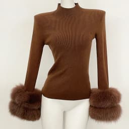 OFTBUY Slim Fit Half Turtleneck Ribbed Knit Sweater for Women Real Fur Cuff Trim Long Sleeve Warm Basic Layering Top New Winter