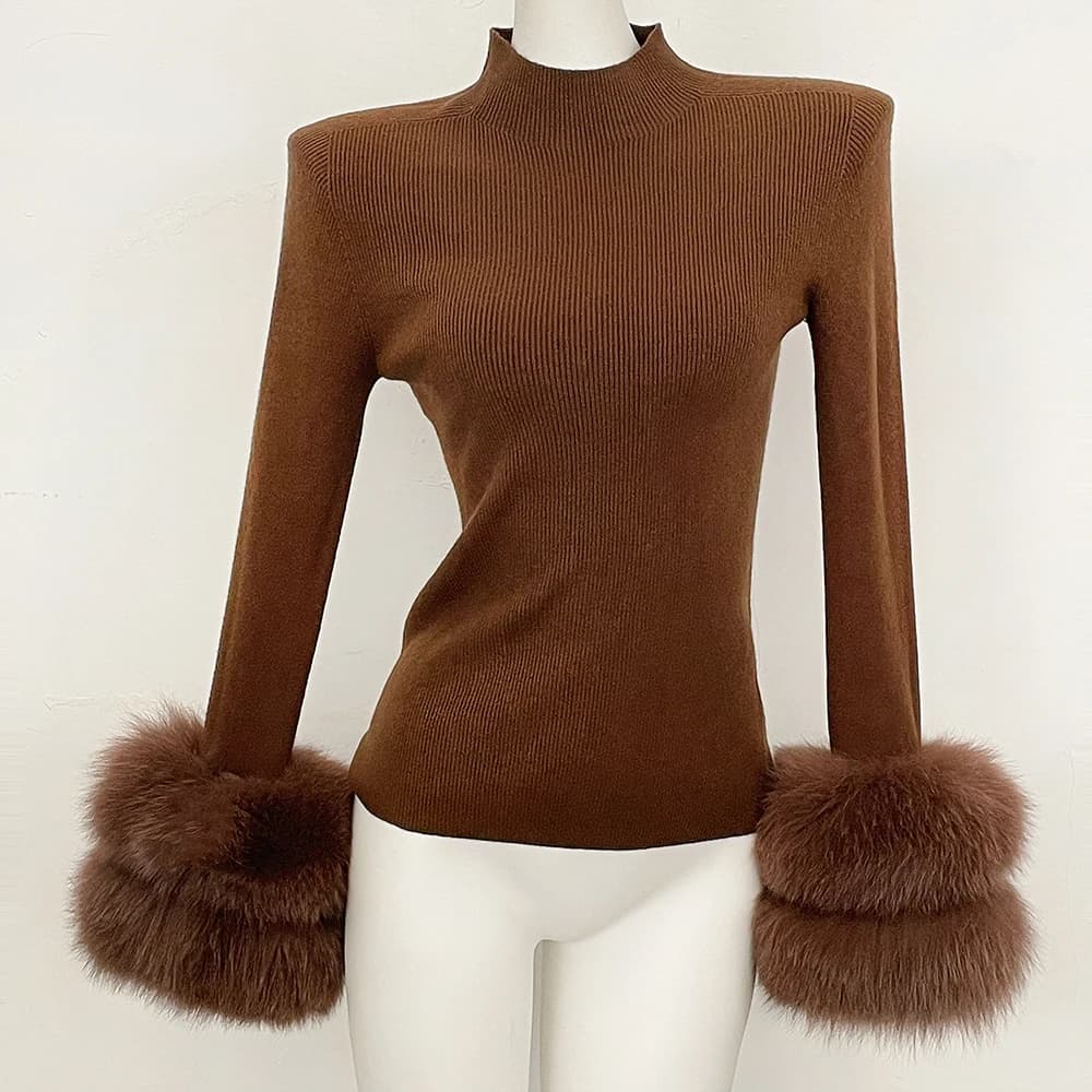 OFTBUY Slim Fit Half Turtleneck Ribbed Knit Sweater for Women Real Fur Cuff Trim Long Sleeve Warm Basic Layering Top New Winter