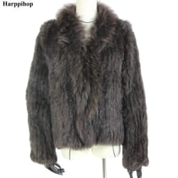 Harppihop rabbit fur Genuine Knitted coat for Women Raccoon Fur collar Jacket Trench Outwear fashion street party jacketC918