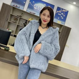MPPM Natural Rabbit Fur Coat Women Real Rabbit Fur Hooded Coat Long Sleeve Women's Jacket Casual Loose Knitted Fur Jacket