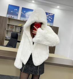 MPPM Natural Rabbit Fur Coat Women Real Rabbit Fur Hooded Coat Long Sleeve Women's Jacket Casual Loose Knitted Fur Jacket
