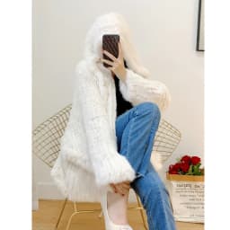 MPPM Natural Rabbit Fur Coat Women Real Rabbit Fur Hooded Coat Long Sleeve Women's Jacket Casual Loose Knitted Fur Jacket