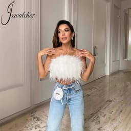 Jxwatcher Natural Ostrich Feather Top Bra Women's Summer Feather Tube Lady Wedding Long Hair Fluffy Underwear Evening Party Wear