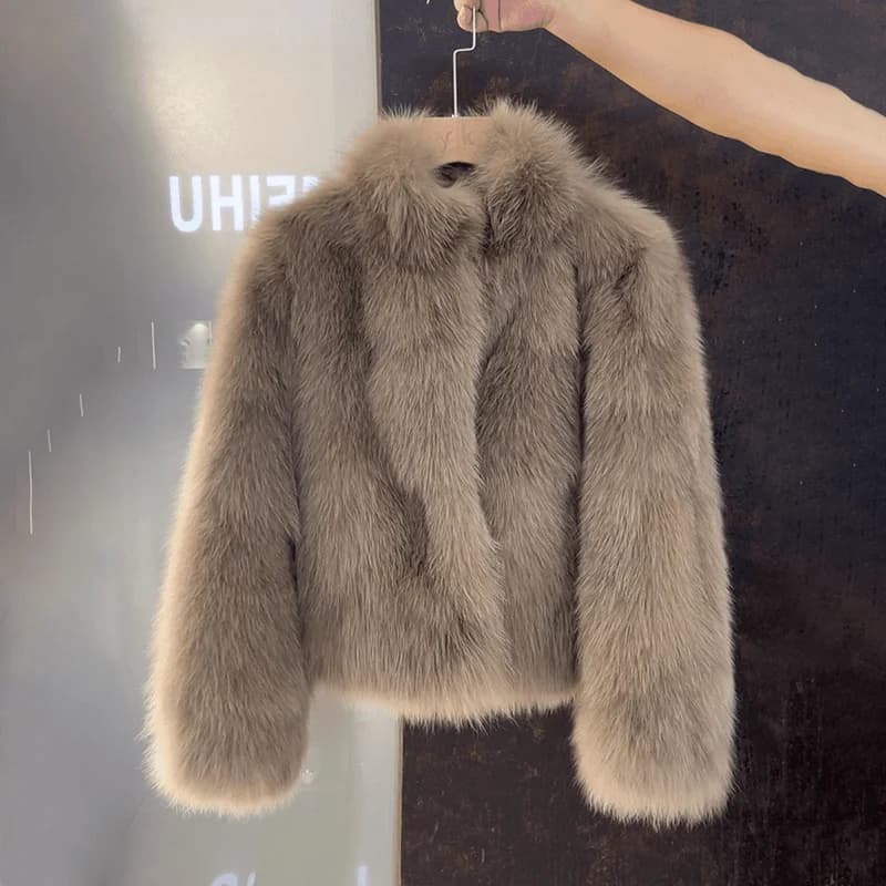 Hebe Style Plush Fur Jacket Women's Winter Warm Outerwear Eco-friendly Synthetic Leather Short Coat French Style Loose Fit