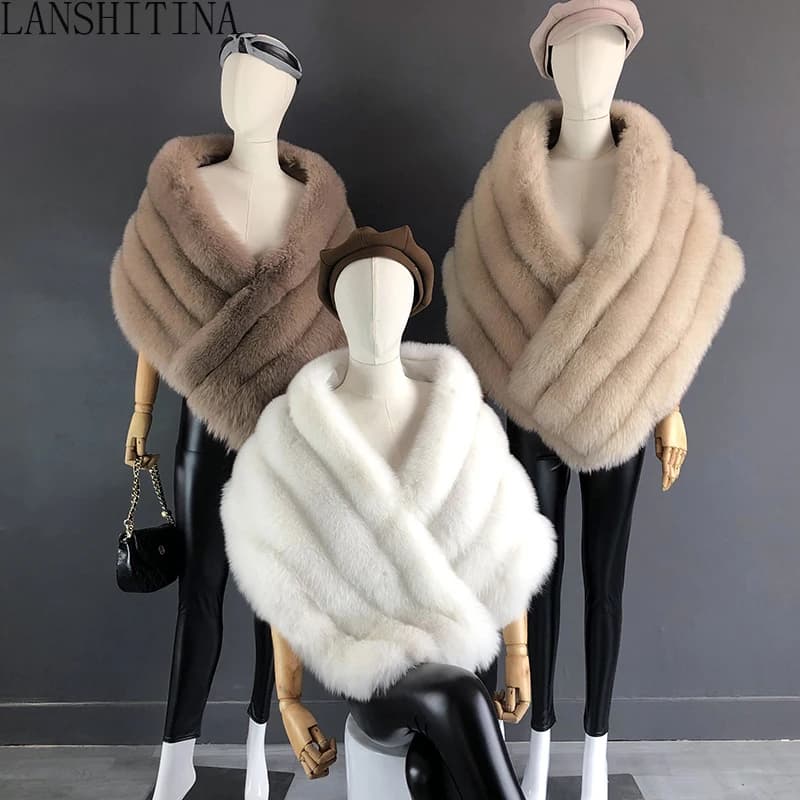 Woman Real Fox Fur Shawl Vest Jacket Fluffy Fur Cape Natural Fur Poncho Fur Lady Scarf Wrap Coat Shawl Wedding Party Clothing