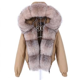 MAOMAOKONG Winter Women's Winter Real Fox Fur Black Parka Jacket Slim Fit With Big Natural Raccoon Placket Fur Collar Short Coat