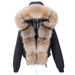 MAOMAOKONG Winter Women's Winter Real Fox Fur Black Parka Jacket Slim Fit With Big Natural Raccoon Placket Fur Collar Short Coat