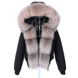 MAOMAOKONG Winter Women's Winter Real Fox Fur Black Parka Jacket Slim Fit With Big Natural Raccoon Placket Fur Collar Short Coat