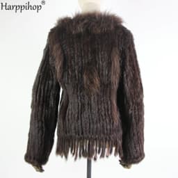 The new Genuine Knitted Women Rabbit Raccoon Fur collar Coat Jacket Trench Outwear Parka fur coats with tassels 18 color