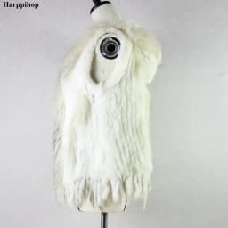 Harppihop fashion rabbit fur vest raccoon fur trimming knitted rabbit fur vest with hood fur waistcoat gilet