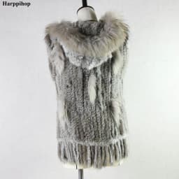 Harppihop fashion rabbit fur vest raccoon fur trimming knitted rabbit fur vest with hood fur waistcoat gilet