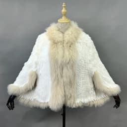 2026 New Fashion Lady Real Genuine Natural Knitted Rabbit Fur Shawl Coat With Fox Fur Collar Women's Fashion Knit Jacket Cape