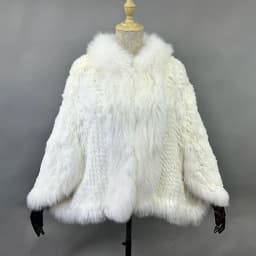 2026 New Fashion Lady Real Genuine Natural Knitted Rabbit Fur Shawl Coat With Fox Fur Collar Women's Fashion Knit Jacket Cape