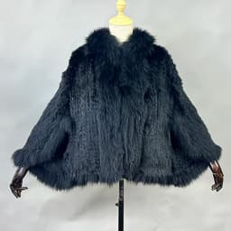 2026 New Fashion Lady Real Genuine Natural Knitted Rabbit Fur Shawl Coat With Fox Fur Collar Women's Fashion Knit Jacket Cape