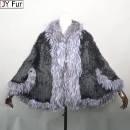 2026 New Fashion Lady Real Genuine Natural Knitted Rabbit Fur Shawl Coat With Fox Fur Collar Women's Fashion Knit Jacket Cape
