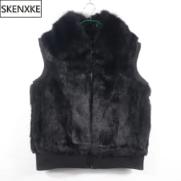 Women's Genuine Real Rabbit Fur Vest Coat Knitting Winter Fox Fur Collar Fur Jacket Casual Short Outwear Slim with Zipper