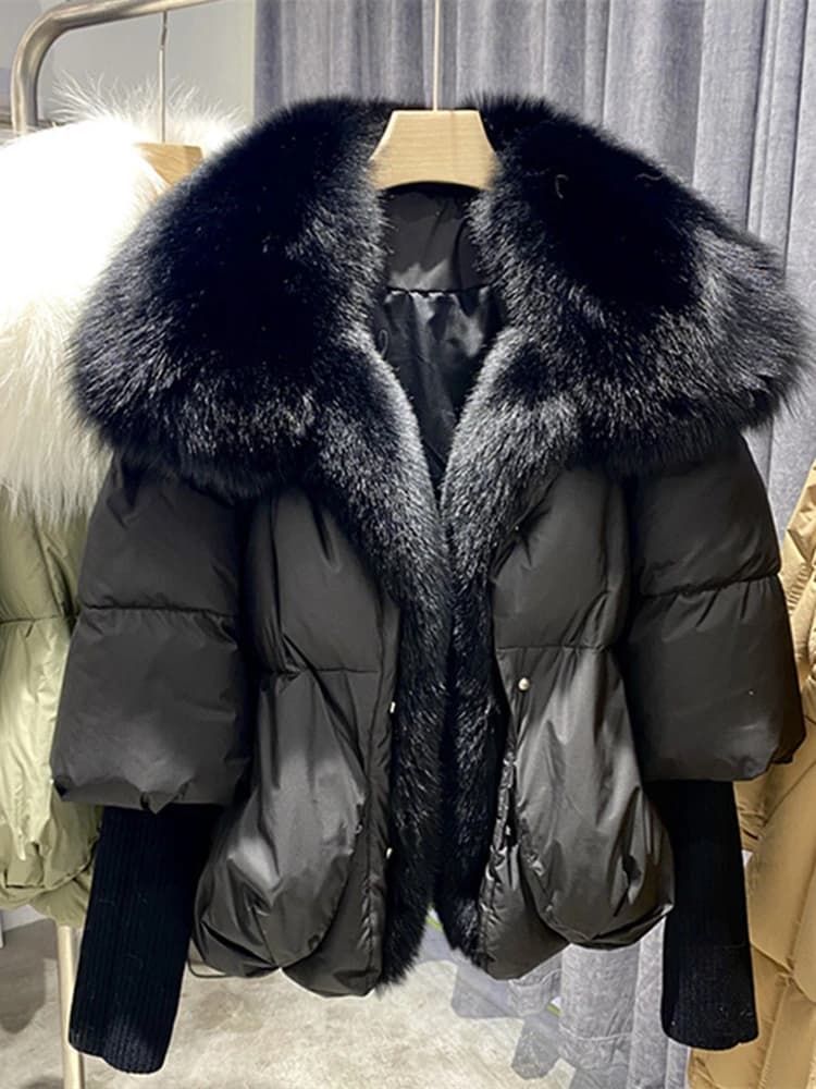 OFTBUY New Duck Down Jacket Winter Coat Women Super Large Real Silver Fox Fur Collar Jacket Knit Sleeve Fashion Luxury Outerwear