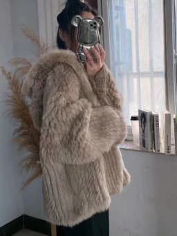 OFTBUY New Winter Women Natural Fur Jacket Women Loose Weave Quality Streetwear Hooded Long Sleeves Real Rabbit Fur Coat Female