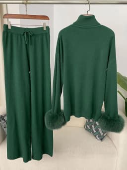 OFTBUY 2024 New Fashion Autumn Winter Natural Real Fox Fur Cuffs Coat Knitted Sweater Women Long Pants Set Jacket Thick Warm