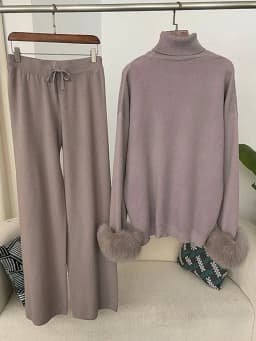 OFTBUY 2024 New Fashion Autumn Winter Natural Real Fox Fur Cuffs Coat Knitted Sweater Women Long Pants Set Jacket Thick Warm