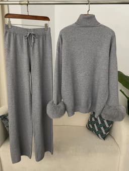 OFTBUY 2024 New Fashion Autumn Winter Natural Real Fox Fur Cuffs Coat Knitted Sweater Women Long Pants Set Jacket Thick Warm