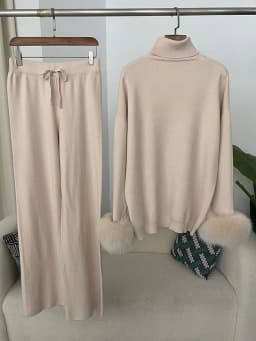 OFTBUY 2024 New Fashion Autumn Winter Natural Real Fox Fur Cuffs Coat Knitted Sweater Women Long Pants Set Jacket Thick Warm