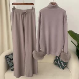 OFTBUY 2024 New Fashion Autumn Winter Natural Real Fox Fur Cuffs Coat Knitted Sweater Women Long Pants Set Jacket Thick Warm
