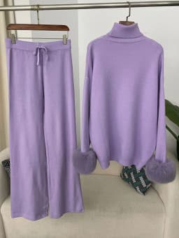 OFTBUY 2024 New Fashion Autumn Winter Natural Real Fox Fur Cuffs Coat Knitted Sweater Women Long Pants Set Jacket Thick Warm