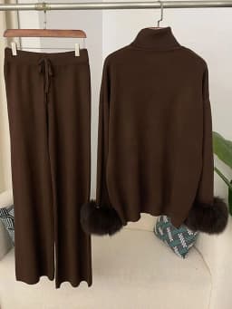 OFTBUY 2024 New Fashion Autumn Winter Natural Real Fox Fur Cuffs Coat Knitted Sweater Women Long Pants Set Jacket Thick Warm