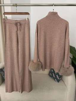 OFTBUY 2024 New Fashion Autumn Winter Natural Real Fox Fur Cuffs Coat Knitted Sweater Women Long Pants Set Jacket Thick Warm