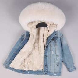 2025Maomaokong Denim Jacket Parka Winter Women Parkas Real Fur Collar Coat Natural Raccoon Fur Hood Real Rabbit Fur Liner Luxury