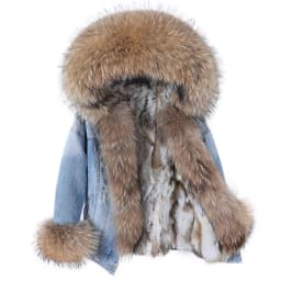 2025Maomaokong Denim Jacket Parka Winter Women Parkas Real Fur Collar Coat Natural Raccoon Fur Hood Real Rabbit Fur Liner Luxury