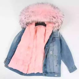 2025Maomaokong Denim Jacket Parka Winter Women Parkas Real Fur Collar Coat Natural Raccoon Fur Hood Real Rabbit Fur Liner Luxury
