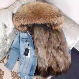 2025Maomaokong Denim Jacket Parka Winter Women Parkas Real Fur Collar Coat Natural Raccoon Fur Hood Real Rabbit Fur Liner Luxury