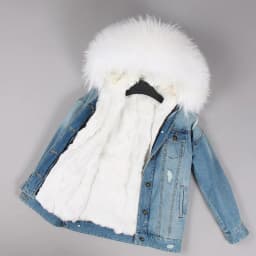 2025Maomaokong Denim Jacket Parka Winter Women Parkas Real Fur Collar Coat Natural Raccoon Fur Hood Real Rabbit Fur Liner Luxury