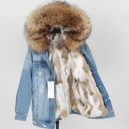 2025Maomaokong Denim Jacket Parka Winter Women Parkas Real Fur Collar Coat Natural Raccoon Fur Hood Real Rabbit Fur Liner Luxury