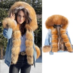 2025Maomaokong Denim Jacket Parka Winter Women Parkas Real Fur Collar Coat Natural Raccoon Fur Hood Real Rabbit Fur Liner Luxury
